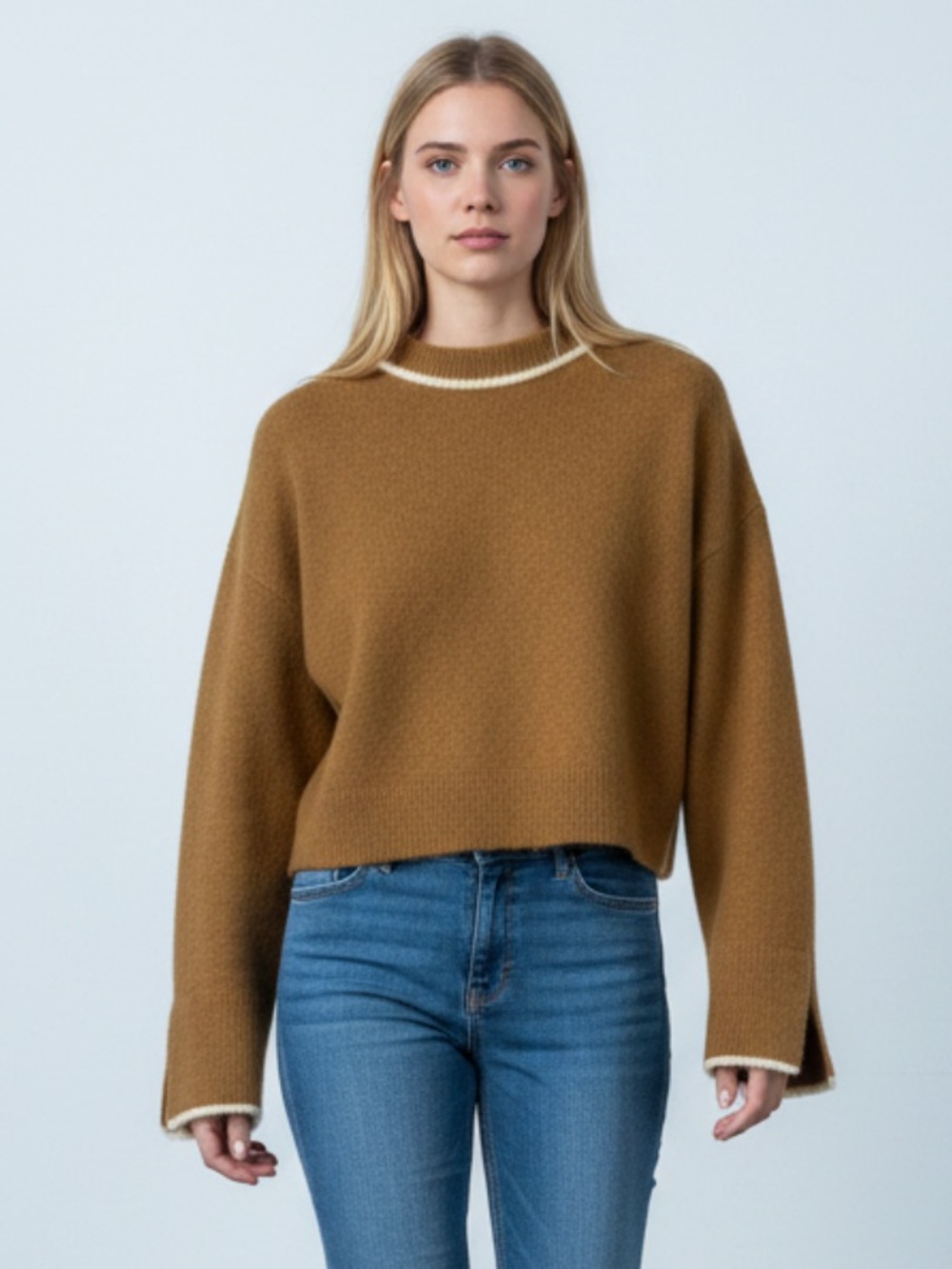 Zara Contrast Piping Crewneck Sweater in Mustard Yellow XS